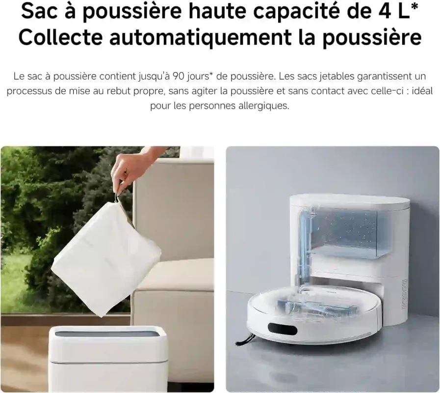 یکی از مهم‌ترین مزیت‌های Xiaomi Robot Vacuum H40، ایستگاه تخلیه خودکار با کیسه ۴ لیتری است. 