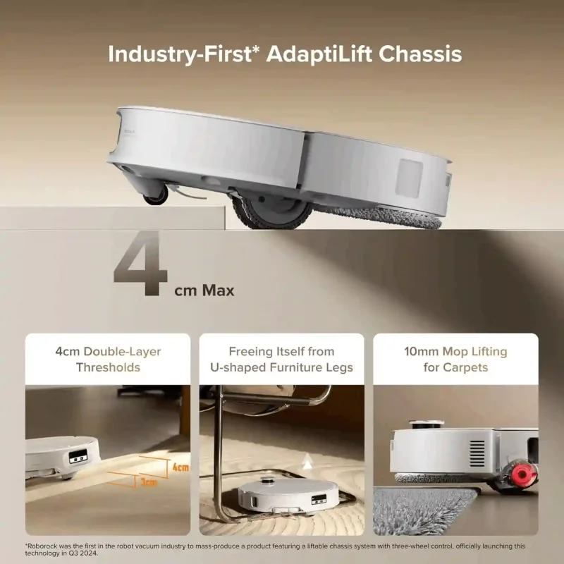 شاسی هوشمند AdaptiLift به جارو رباتیک روبوراک مدل Roborock Qrevo CurvX کمک میکند تا از آستانهها و موانعی تا حدود ۴ سانتیمتر عبور کند.