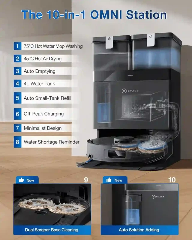 ایستگاه سرویس DEEBOT T30C از فناوری شست‌وشوی پد با آب داغ تا ۷۵ درجه سانتی‌گراد استفاده می‌کند. 